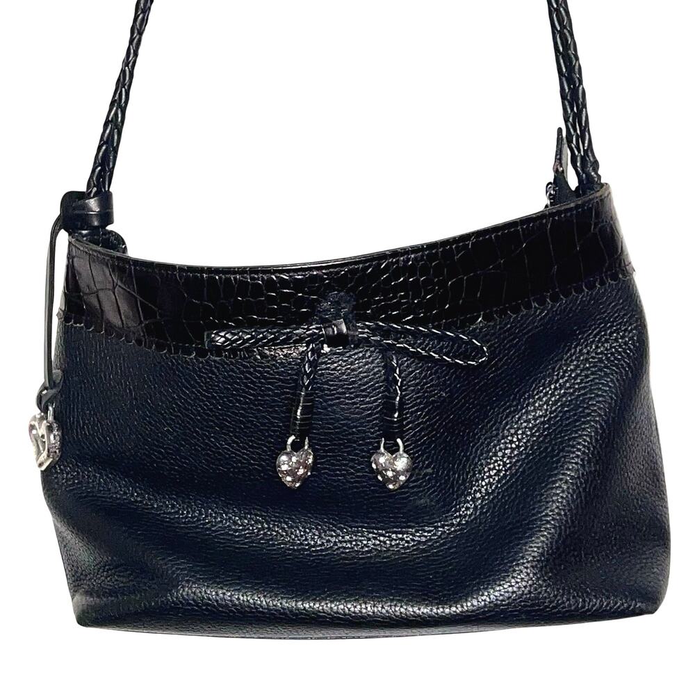 Brighton‎ Black Pebble Leather Silver-tone Charms Clear Rhinestones Hobo Purse